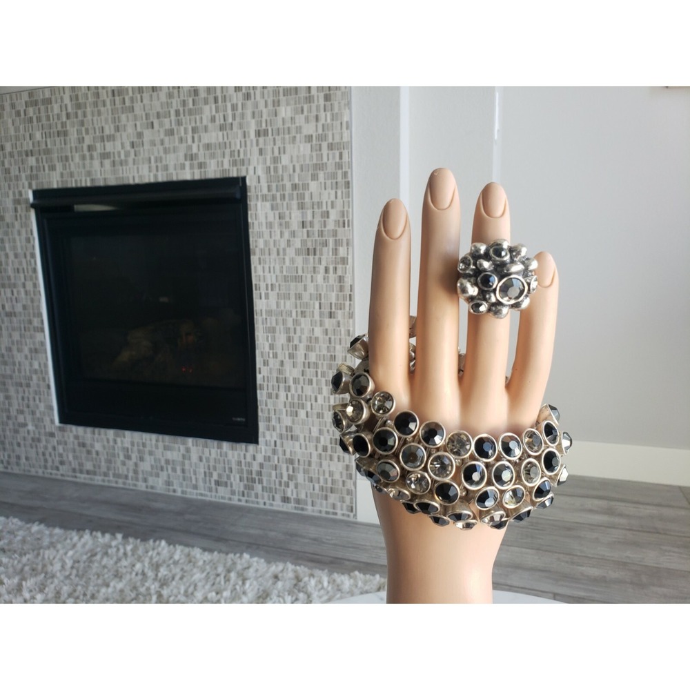 Silver Pewter Avant Gard Chunky Black/Clear Crystal Bracelet Ring Set 8 Signed